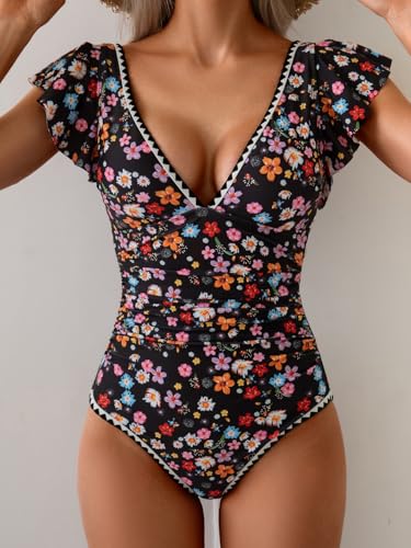 Image of Aidonger Women's One Piece Ruffle Swimsuit Tummy Control Bathing Suit V Neck Shell Stitched Swim Suit Slimming Swimwear