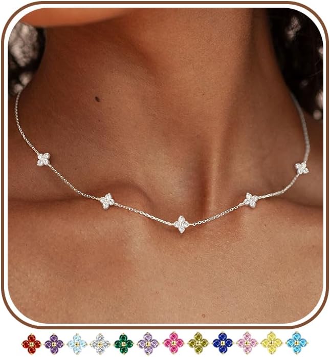 Dainty Clover Birthstone Gold Necklaces for Women Trendy Non Tarnish