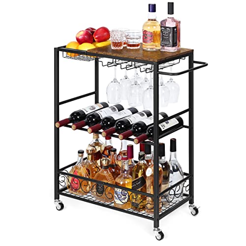 Melos Bar Cart, 3 Tier Mobile Bar Serving Cart, Rolling Wine Cart With Glass Stemware Rack And Wine Bottle Holders, Industrial Style Kitchen Serving Cart For, Kitchen, Living Room, Dining Room(Brown) #TOP7