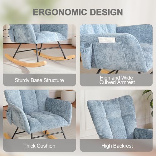 Image of Rocking Chair Nursery, Comfy Modern Nursery Rocking Reading Chair Indoor, Cozy Upholstered Glider Rocker Chairs for Living Room Bedroom Offices, Sillas Mecedoras(Chenille, Blue)