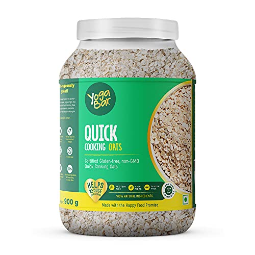 Yogabar Quick Cooking Oats 900g | Premium Oats, Ready to Cook, Gluten Free Oats with High Fibre, 100% Whole Grain, Non GMO | Protein Rich Healthy Food with No Added Sugar | 900 gm