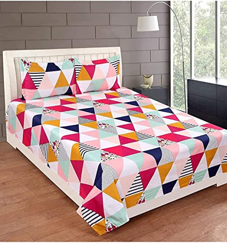 Image of Glace Cotton Double Bedsheet 90x90 Inch with 2 Pillow Covers 18x28 Inch - Geometric Triangle Print Bed Sheet Set - Soft Flat Bedcover for Double Mattress Bedroom Hostel Room - White Triangle