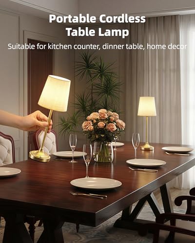 Image of Battery Operated Lamp, 8000mAh, Ambient Light, Touch Control, Dimmable, Portable, 2700K, LED, Wireless, Rechargeable, Battery Operated, Desk Lamp, Kitchen Lamp, Fabric Shade, for Dining Room, Bedroom