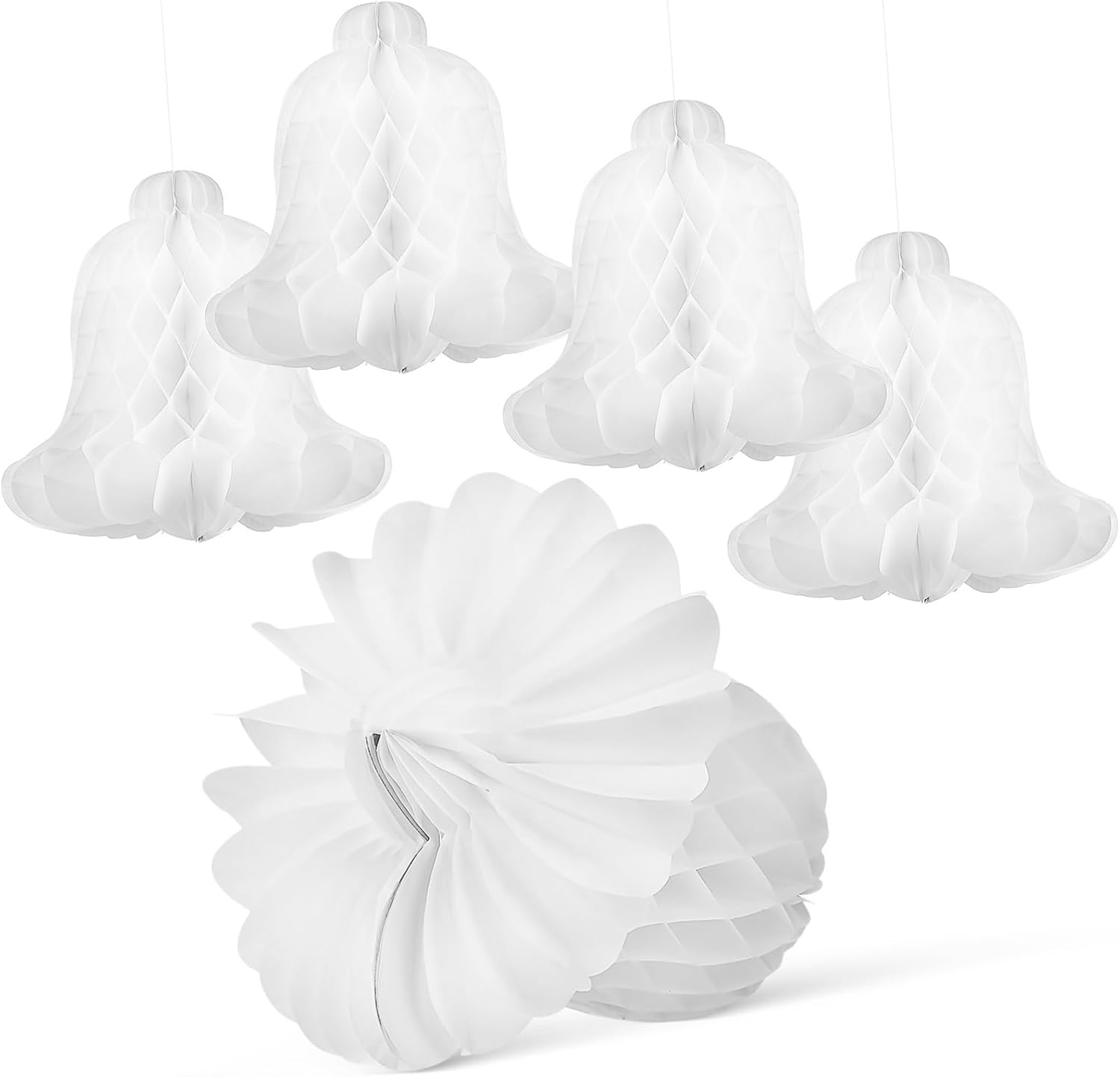 OUNONA 5pcs Christmas Honeycomb Bells Hanging Decorations Elegant Paper Ornaments for Weddings Parties Birthdays Showers Easy to Hang Sturdy Reusable Decor