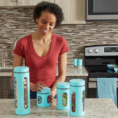 Kitchen Canisters Set For Countertop By Home Basics | Retro-Styled Canisters For Kitchen Counter | Stainless Steel and Glass, See-Through Windows (Turquoise), 4 Pieces - Image 5