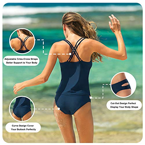 HAIVIDO Women's V Neck Tankini Set Criss Cross Back Tankini Top with Bikini Bottom Two Piece Bathing Suits Navy XL