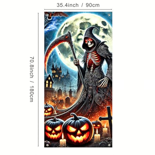 Image of BlissYard Halloween Door Cover Bats Grim Reaper 35x71 Inch Polyester | Door Banner, Wall Decor | Grim Reaper Entry Accent, Jack Lantern Backdrop | Porch, Hallway, Party (Gothic Art)