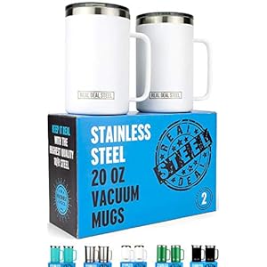 Insulated Mug with Handle and Lid – Stainless Steel Vacuum Coffee Cup, Set of 2, 20 oz – Large Double Wall Coffee or Tea Cup, Thermal Camping Mug Keeps Drinks Hot, Beer Mug That Keeps Beer Cold