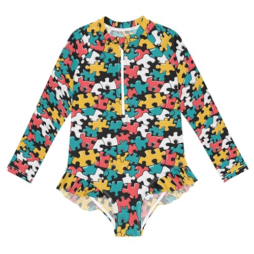 Jigsaw Puzzle Girls Long Sleeve Rashguard Swimsuit UV Protection One-Piece Swimwear Bathing Suit B0403556