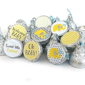 Yellow Gray Elephant Labels for Hershey’s Kisses Chocolates By Adore By Nat – Baby Shower Candy Sticker – Set of 240