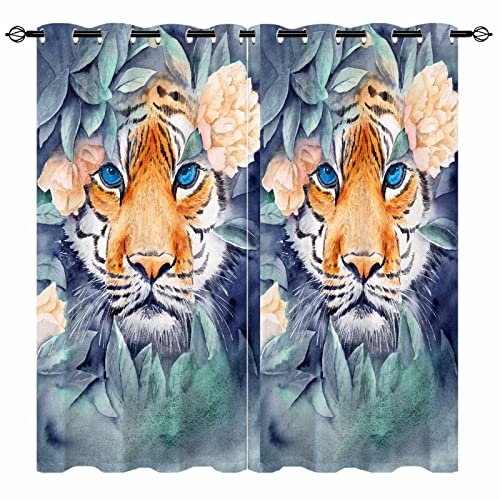 YUANZU Tiger Curtains - Jungle Animals Watercolor Peeking Out Thicket of Leaves and Flowers Pattern Eyelet Blackout Thermal Insulated Window Drapes for Kids Bedroom Playroom 2 Panels W117cm x D137cm