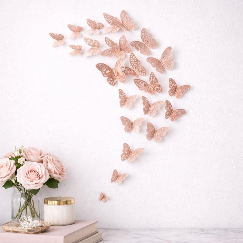 3D Metallic Butterfly Wall Décor Stickers – Removable DIY Decorations for Bedrooms, Living Rooms & Offices – Easy Peel-and-Stick Art for Any Wall Surface (12, Rose Golned-Butterfly)