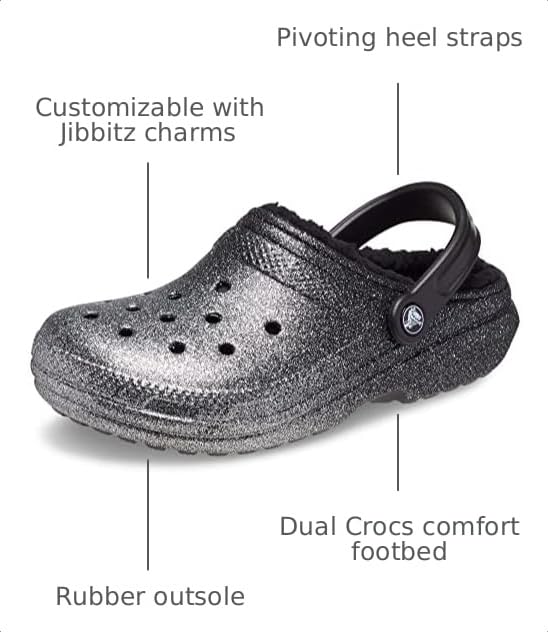 Image of Crocs Unisex Classic Glitter Lined Clogs | Fuzzy Slippers, Black /Silver, 12 Men /14 Women
