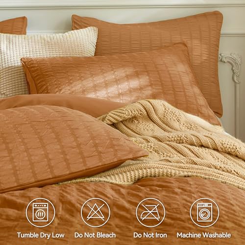 Image of JELLYMONI Seersucker Duvet Cover Set Full, 3pcs Brunt Orange Polyester | In Guest Room & Studio, Single Upgrades Pick, Crinkled Texture, Oeko-Tex Certified, 8 Corner Ties & Hidden Zipper