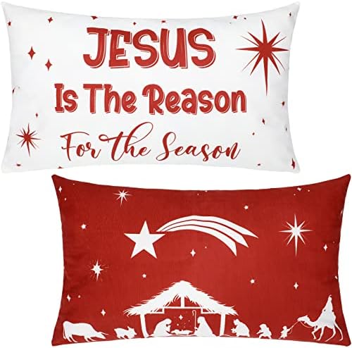 2 Pcs Christmas Pillow Covers 12 x 20 Inch Nativity Pillow Covers Jesus Throw Pillow Covers Christian Waist Bible Verse Pillow Case Throw Lumbar Pillow Cover Short Plush Couch Sofa Home Decor