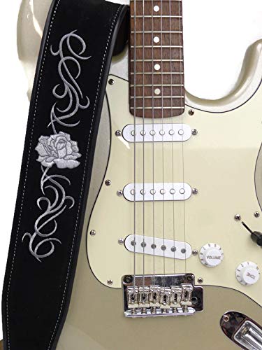 Leather Strap Acoustic Electric Guitar Bass Black Brown Notes Wide Thick Padded (Black Suede Flower)