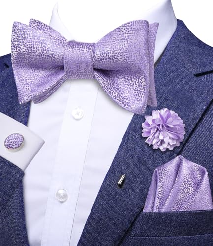 Image of Dubulle Self Tie Bow Ties and Lapel Pin for Men Paisley Solid Mens Bowtie and Handkerchief Cufflinks Set Wedding