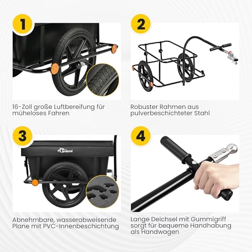 SAMAX Lastenanhänger Fahrradanhänger 90 Liter 80 Kg mit Kupplung Schutzplane und Verbindungsschelle - Transportanhänger Fahrrad Anhänger Handwagen mit Kunststoffwanne in Schwarz - Mountain