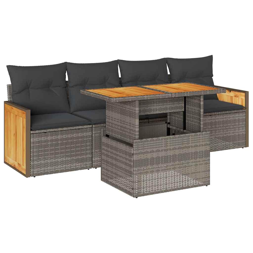 Salon de Jardin 5 pcs résine tressée grise vidaXL avec coussins outdoor et table en bois acacia