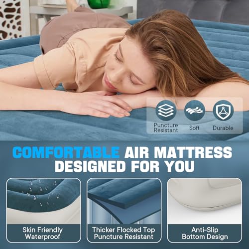 Air Mattress Full with Built in Pump,Inflatable Mattress 2 Mins Self-Inflation/Deflation,Thicker Blow up Mattress Leak-Proof,Flocked Top Air Bed with Storage Bag for Home, Camping & Guests