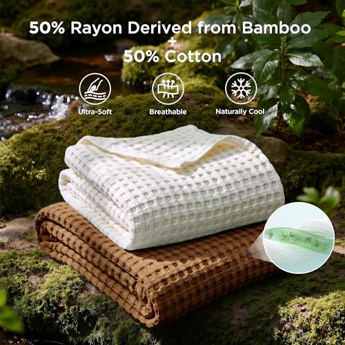 Image of Bedsure Cooling Cotton Waffle King Size Blanket - Lightweight Breathable Blanket of Rayon Derived from Bamboo for Hot Sleepers, Luxury Throws for Bed, Couch and Sofa, Burnt Orange, 104x90 Inches