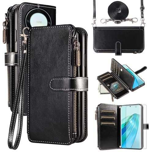 Coque Honor Magic 5 Lite 5G Asuwish étui portefeuille en cuir noir avec protège-écran en verre