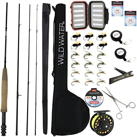 Wild Water Deluxe Fly Fishing Combo Starter Kit, 7-Foot Pole, 4-Piece Fly Rod Kit, 3/4 Weight, Fishing Accessories, Includes Die cast Aluminum Reel and Hard Tube Case with Pouch, Fly Box and Flies