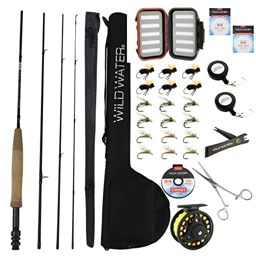 Wild Water Deluxe Fly Fishing Combo Starter Kit, 7-Foot Pole, 4-Piece Fly Rod Kit, 3/4 Weight, Fishing Accessories, Includes Die Cast Aluminum Reel And Hard Tube Case With Pouch, Fly Box And Flies #TOP5