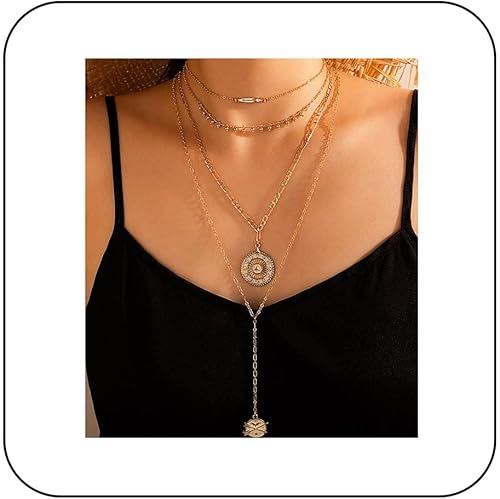 Andelaisi Gargantilla de monedas de disco en capas estilo bohemio, collar vintage con dije de medallón, moneda, collar largo de oro con cadena
