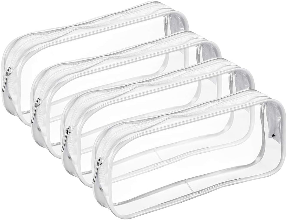 Bolonbi 4 Pieces Clear Pencil Case, Transparent Pencil Bag Makeup Pouch PVC Zipper Pen Pencil Case Clear Travel Toiletry Bag Big Capacity (White)