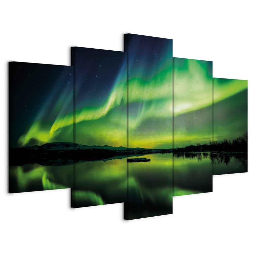murando - Leinwandbild Nordlicht Island Nacht, 200x100 cm, 5-teilig, modern | Hochwertige Leinwand, sofort aufhängbar, ideal fürs Wohn- oder Schlafzimmer, wasserfest und lichtecht, langlebig, stilvoll