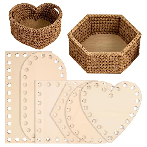 6PCS Wooden Basket Bottom, Crochet Basket Base & Basket Weaving Wooden Bases for Crochet Baskets - Round/Oval/Square/Heart Basket Bottoms for Crochet Base for DIY Craft Weaving