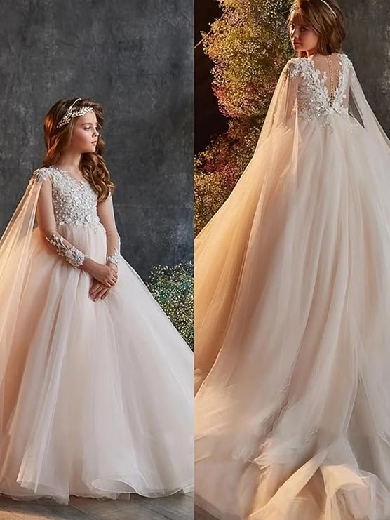 GZCYL Blush Pink Flower Girl Dress Long Sleeves Luxury Lace Applique Girls Pageant Dresses with Shawl4
