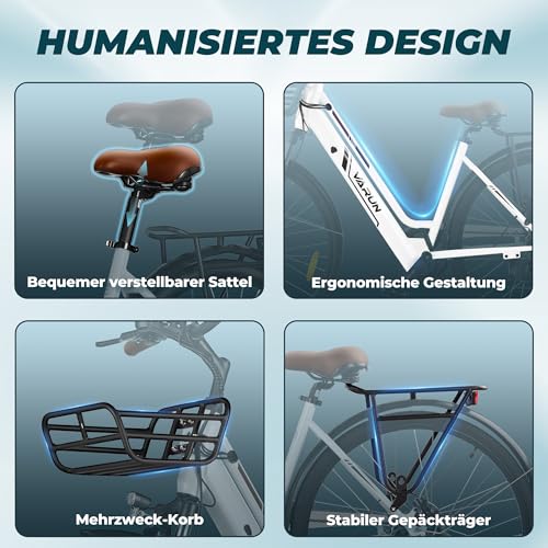 VARUN E-Bike Damen 28 Zoll City Bike Tiefeinsteiger | 36V 360Wh Akku | Drehmomentsensor | 3 Modi, 6-Gang, LCD | CE, mit Korb & Gepäckträger | 90% vormontiert