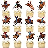 48PCS Bull Riding Cupcake Toppers Western Bull Riders Birthday Decorations Boys Man Bull Riders Cake Toppers for Country Western Cowboy Theme Baby Shower Party Supplies