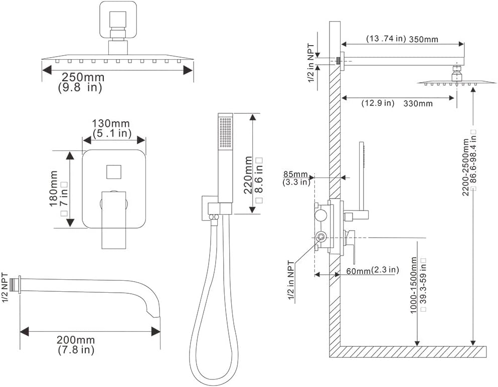 Matte Black Shower System with Tub Spout Wall Mounted Bathtub Shower Faucet Set for Bathroom with High Pressure 10" Rain Shower head and Handheld Shower Head Kit