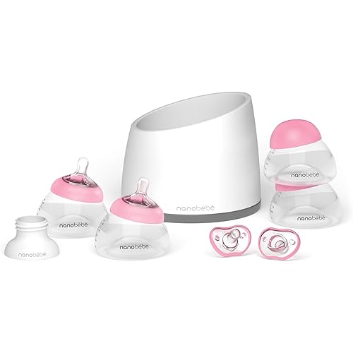 Nanobebe Breastmilk Baby Bottle Anti-Colic Starter Set with Silicone Pacifiers, Bottle Warmer, Breast Pump Adapter, and Slow Flow Nipples - 5 oz - Pink/Grey