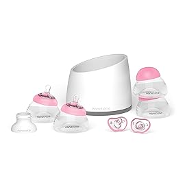 Nanobebe Breastmilk Baby Bottle Anti-Colic Starter Set with Silicone Pacifiers, Bottle Warmer, Breast Pump Adapter, and Slow Flow Nipples - 5 oz - Pink/Grey