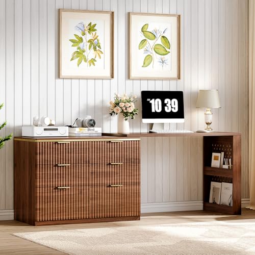 Ieejdn Computer Desk with 6 Drawers 78 Modern Writing Desk with 0.98 Thickened Desktop & Storage Shelves Adjustable direction & Extendable Executive Office Desk Study Table for Home Office Walnut