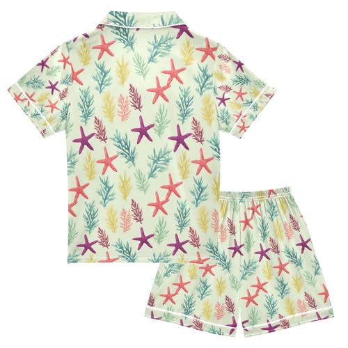 Coral Starfish Green Background Summer Pajamas Set Short Sleeve Button-Up Top Shorts 2PC Satin Sleepwear2