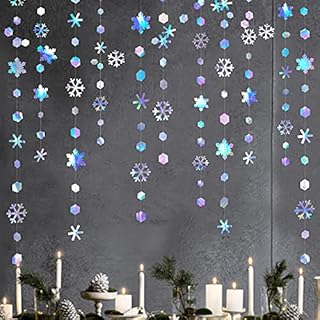52Ft Iridescent Snowflakes Garland Winter Wonderland Party Decorations Metallic Glitter Paper Snowflakes Streamer for Winter Wonderland Frozen Birthday Wedding Baby Bridal Shower Christmas Decorations