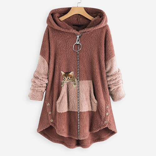 Women's Oversized Zip Up Sherpa Hoodie Fuzzy Fleece Jacket Cat Kitty Print Lightweight Faux Shearling A Line Teddy Coat2