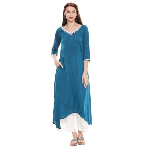 Aurelia Womens V Neck Slub Kurta