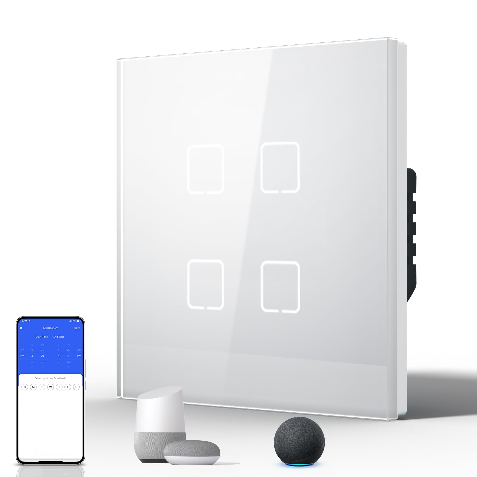 BSEED Smart Touch Light Switch,WIFI Rocker Wall Light Switches with Glass Panel,Push-button with LED Backlight,Horizontal & Vertical Mounting,Neutral Wire Required,4 Gang 1 Way,86mm White