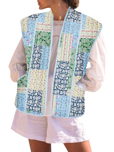 Tankaneo Womens Puffer Quilted Cropped Vest Oversized Floral Patchwork Lightweight Jacket Cap Sleeve Outerwear Vest