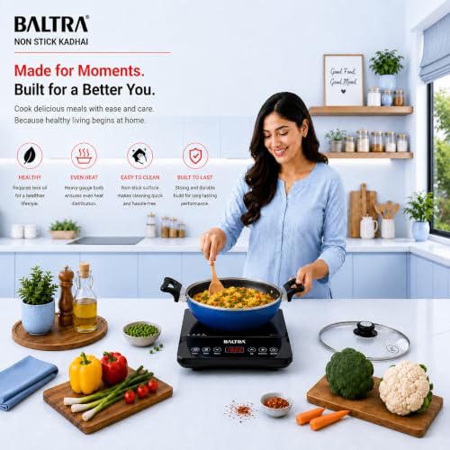 Image of BALTRA 5.5L Nonstick Kadhai with Glass Lid | Induction Bottom, Marble Finish, Durable & Even Heating Cookware for Healthy Cooking Kadai 4mm Thick (30cm, Blue)