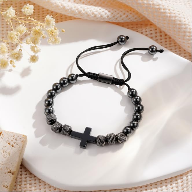 Image of Cross Bracelet for Boys Teens, Adjustable Obsidian Beads Bracelets Christian Religious Jewelry Gifts for Teen Teenage Boys