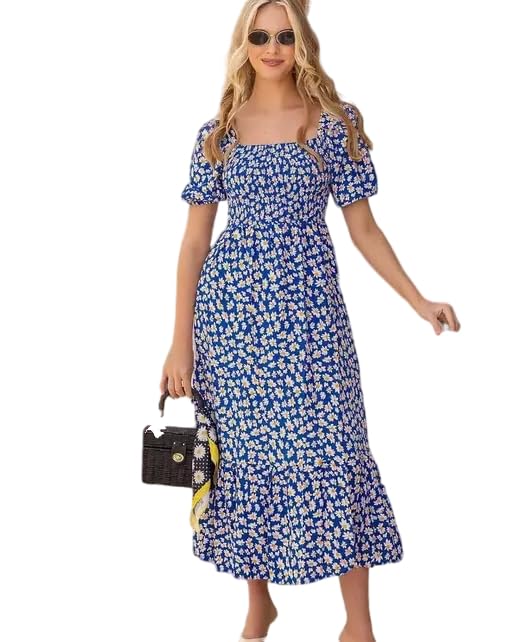 Image of Women's Floral Printed Square Neck Royal Blue Maxi Length Dress