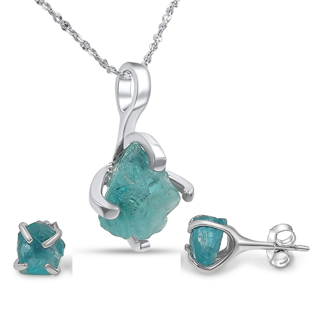 Real raw apatite jewelry set with 925 sterling silver real gold plated birthstone necklace and earring set gift for her by Uniquelan Jewelry (Apatite, white-gold)