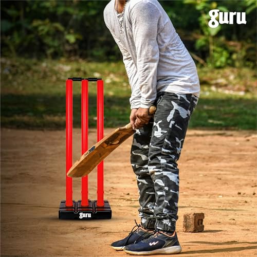 Image of Guru Cricket Wicket Set, Heavy Plastic Cricket Stumps Set - 3 Stumps + 2 Bails + 1 Base Stand